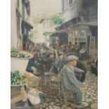 SPANISH SCHOOL (LATE 20TH CENTURY) - Figures conversing on a village street, oil on canvas,