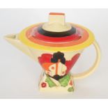 A Moorland teapot in the Clarice Cliff style hand painted by former Bizarre girl Rene Dale in a