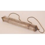 An Eastern white metal cylindrical Torah scroll case with strap,