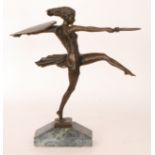 A 20th Century Art Deco style bronze figure of a girl holding shield and sword in running pose on