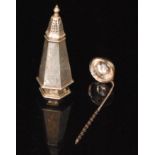 A Victorian hallmarked silver hexagonal shaped castor with part foliate engraved decoration height