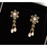 A pair of silver gilt peridot and pearl drop earrings,