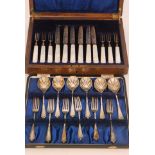 A cased set of six hallmarked silver faux mother of pearl handled fruit knives,