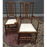 An Edwardian inlaid drawing room chair with crosshatched splat together with a matching standard