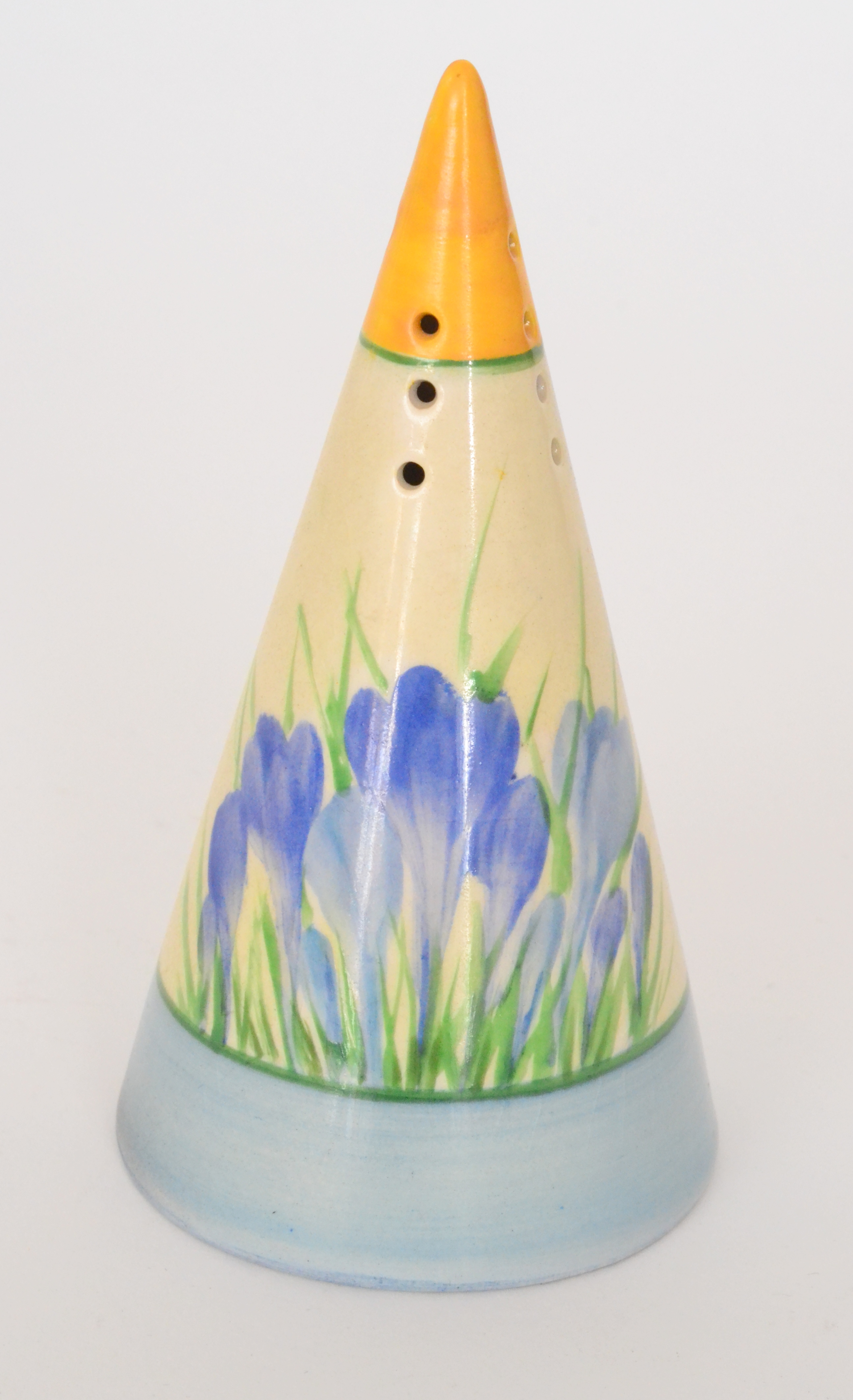 A Moorland Pottery conical sugar sifter painted by Ethel Barrow with Blue Crocus in the manner of