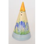 A Moorland Pottery conical sugar sifter painted by Ethel Barrow with Blue Crocus in the manner of