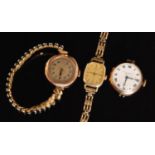 Two 9ct gold ladies wrist watches together with a plated example to a 9ct hallmarked strap. (3).