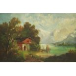 GERMAN SCHOOL (19TH CENTURY) - Alpine lake scene with boathouse to the fore, oil on canvas, framed,