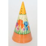 A Moorland Pottery conical sugar sifter painted by Ethel Barrow with Crocus in the manner of