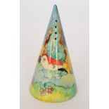 A Terry Abbots tribute conical sugar sifter decorated in the Newlyn pattern after Clarice Cliff