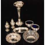 A small parcel lot of assorted silver items, a four piece cruet set, two bon bon dishes,