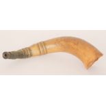 A 19th Century carved hunting horn decorated with motto and armorial Dieu Et Mon Droit, width 34cm.
