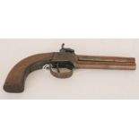 A 19th Century double barrel twin hammer percussion pistol, 11cm barrels and plain butt.
