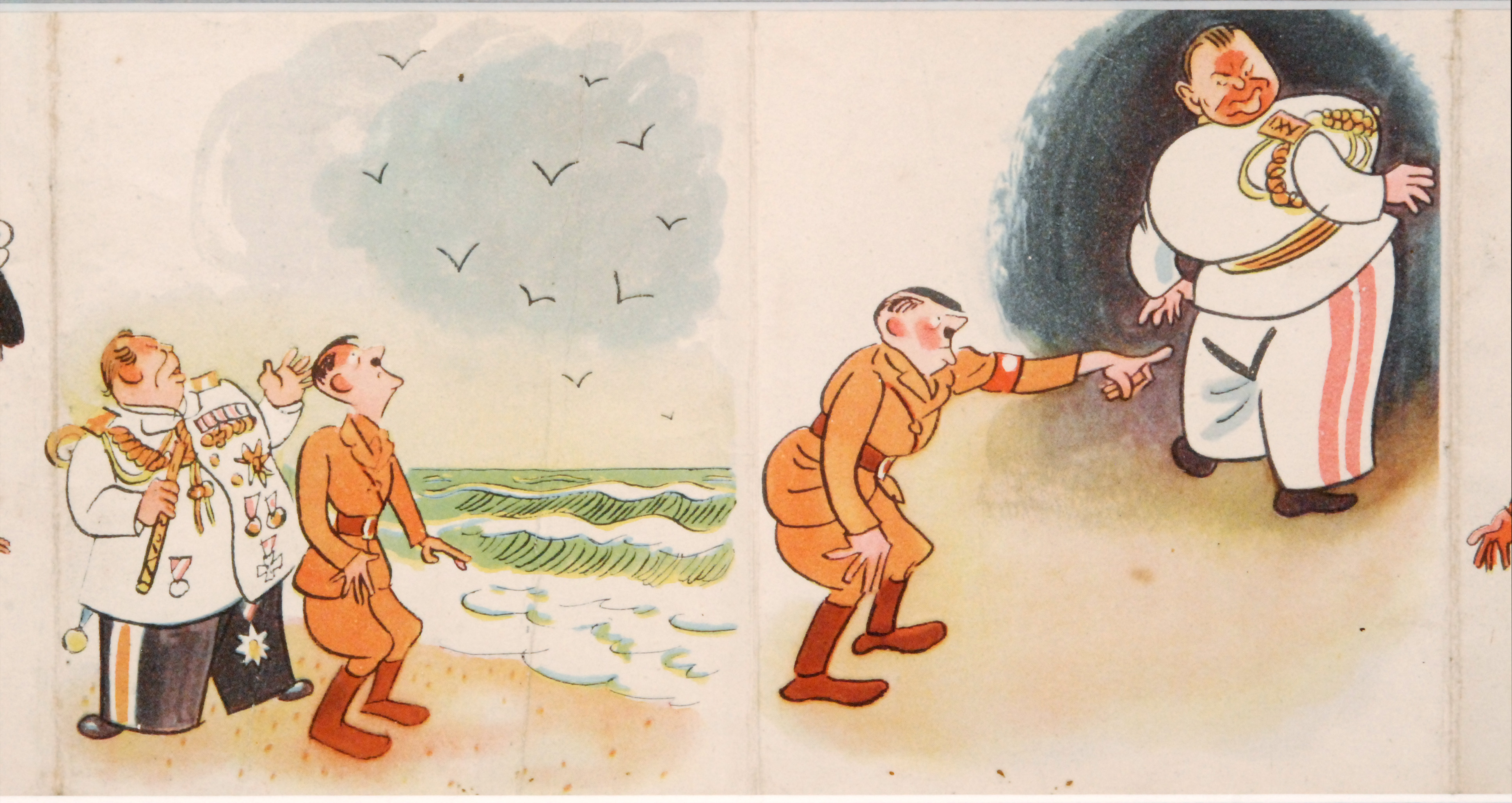 A Second World War ten fold paper propaganda cartoon depicting Hitler being taunted by defeat with - Image 4 of 5