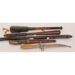 A set of hardwood opium scales together with an African tribal knife with leather scabbard,