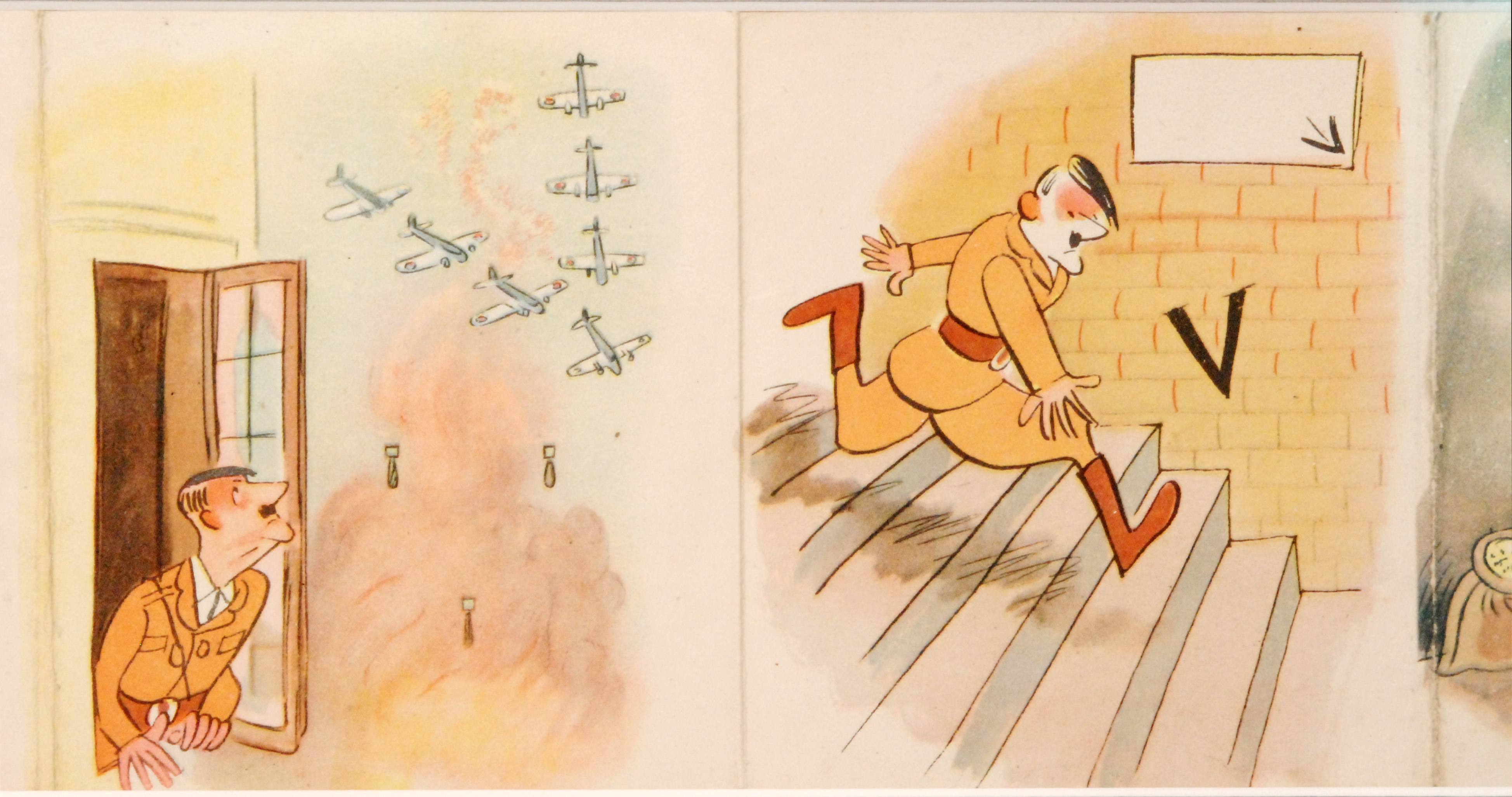 A Second World War ten fold paper propaganda cartoon depicting Hitler being taunted by defeat with - Image 3 of 5