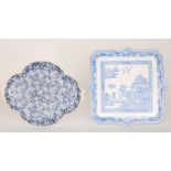 A large 19th Century Mintons Willow pattern tray of square form with canted corners,