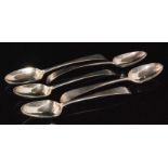 A set of five Irish silver Old English table spoons with engraved initials to terminals,