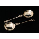 A pair of late Victorian hallmarked silver apostle spoons, Birmingham 1893 and 1894,