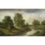 PHILIP KILNER (CONTEMPORARY) - A river landscape with cattle watering, oil on canvas, signed,