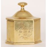 A mid 19th Century brass tobacco box and cover inscribed F Badger the gift of W Blount 1854,