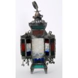 An 20th Century black metal and multi coloured glass hanging hall lantern, height 50cm.