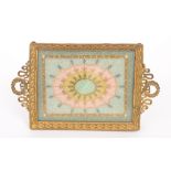 A small early 20th Century French beadwork gilt metal framed tray with radiating fan decoration on