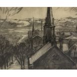 DUTCH SCHOOL (20TH CENTURY) - A view over rooftops, charcoal drawing, signed indistinctly 'K.K.