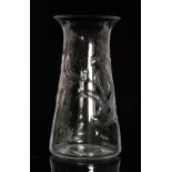 A 1930s Thomas Webb & Sons clear crystal vase of tapered cylindrical form with a flared collar neck,