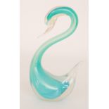 A post war Italian Murano glass figure of a swan cased in clear crystal over an opalescent blue