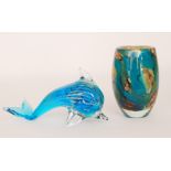 A Mdina glass model of a dolphin, the blue cased body in clear crystal with tonal green streaks,