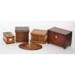 A 19th Century crossbanded mahogany tea caddy together with book fronted boxes one inlaid with