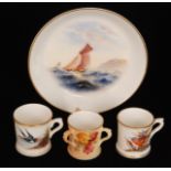 A Royal Worcester shallow pin dish decorated with a sailing boat, in the manner of Dean,