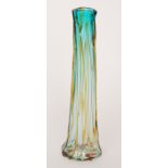 A 20th Century art glass vase of tall cylindrical form decorated with golden amber whiplash lines