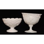 Two late 19th Century Henry Greener & Co milk white pressed glass pedestal bowls,