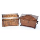 A Victorian figured walnut and line inlaid two divisioned tea caddy together with a sargophical