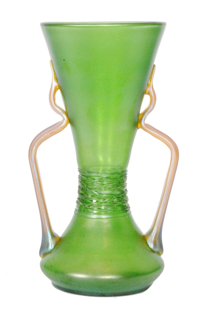 Loetz - A large early 20th Century vase of low shouldered form rising to a tall flared conical neck,