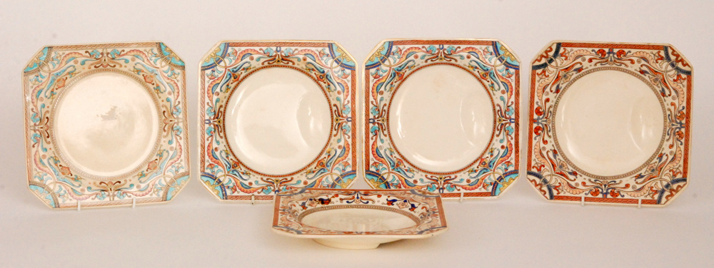 Christopher Dresser - Old Hall - Four Shanghai pattern square soup bowls with an oval reserve