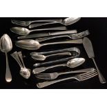 A small parcel lot of assorted Georgian and later silver flatware to include table spoons,