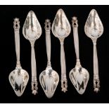 A set of six Danish silver Georg Jensen Acorn pattern grapefruit spoons, import marks for 1930. (6).