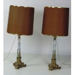 A magnificent pair of tall 19th Century Table Lamps, the gilt decorated milk glass pillars,