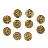 Gold: A cased set of 10 Edward VII & George V gold Sovereigns, 1902 - 1911.