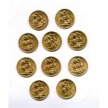 Gold: A collection of 10 George V Gold Sovereigns, 1911, 1912, 1913 (2), 1914, 1925, 1926, 1928,