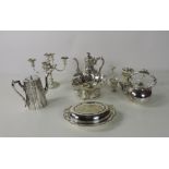 Silver Plateware: Two attractive Coffee Pots, Entree Dish & Cover, 5 light Candelabra,