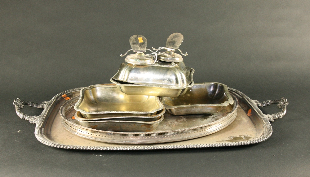 An early large two handled silver plated Tray, with heavy gadroon border and floral scroll handles, - Image 2 of 2