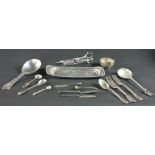 An early Sheffield plated Snuffer and Tray, some Continental silver Spoons, and other plated items.