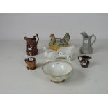 A Victorian porcelain Hen Tureen, a Continental white porcelain Duck-Carriage, a small lustre Jug,