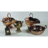 Two antique copper Coal Scuttles, one with shovel, a copper Preserving Pan, and other brass items.