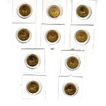 Gold: A good collection of 10 South African 1 oz gold Krugerrand, 9 coins for 1974,