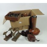 Box: Miscellaneous, some cameras, a pair of brass and copper Fire-dogs, brass bound oak Bowl,